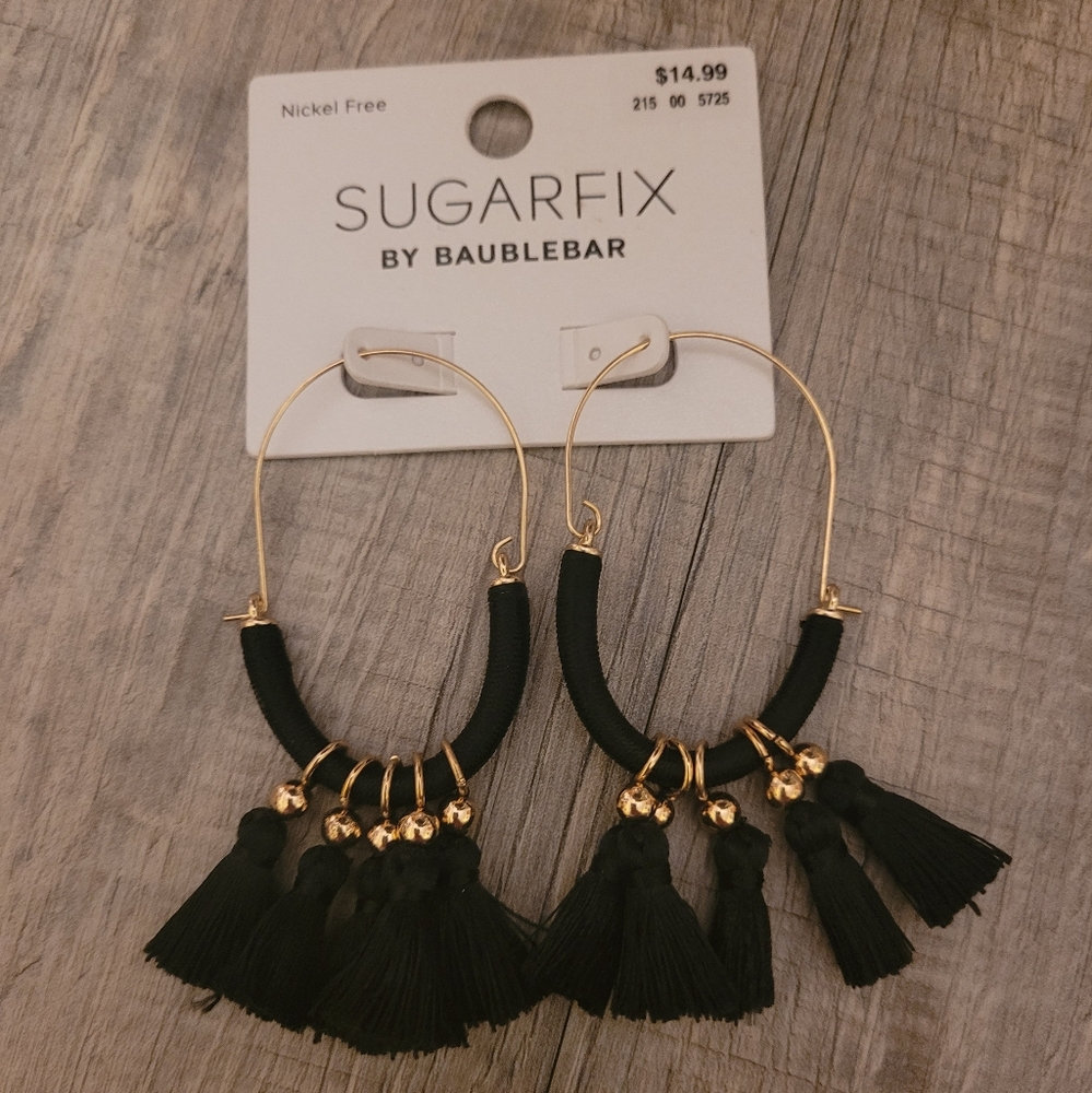 New with Tags Black Thread Multi Tassel Oval Hoop Earrings